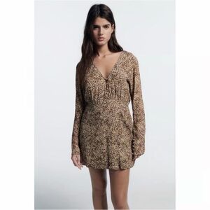 Zara Brown Animal Print V-Neck Long Sleeve Mini Dress